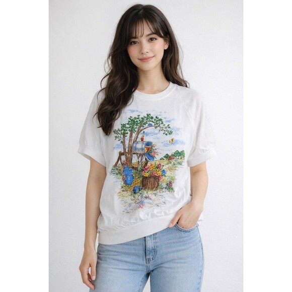 Basic Editions Tops - VTG 90's Basic Editions Graphic T-shirt White Mailbox Grandmacore Cottagecore M